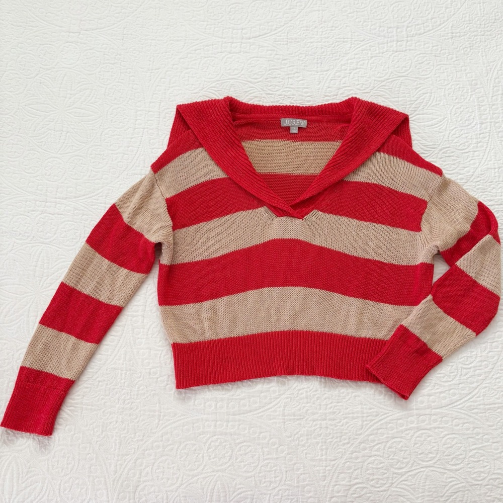 J.Crew Women's Sailor-Collar Pullover Sweater, Red/Tan Stripes Sz S